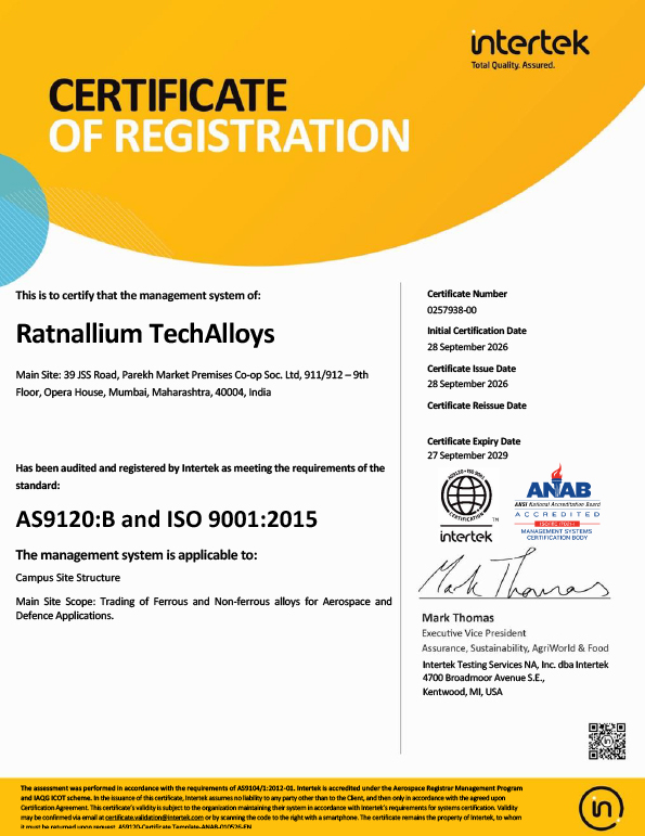 AS9120:B & ISO 9001:2015 Certificate